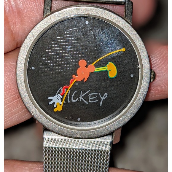 Disney Time‎ Works Mickey Mouse Watch Collectible Novelty Silver Mesh Band - Picture 1 of 7